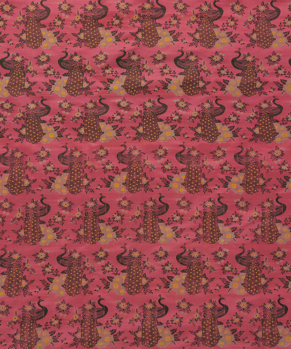 Dark Peach Handloom Katan Silk Shikargah Banarasi Fabric With Tanchoi Weave