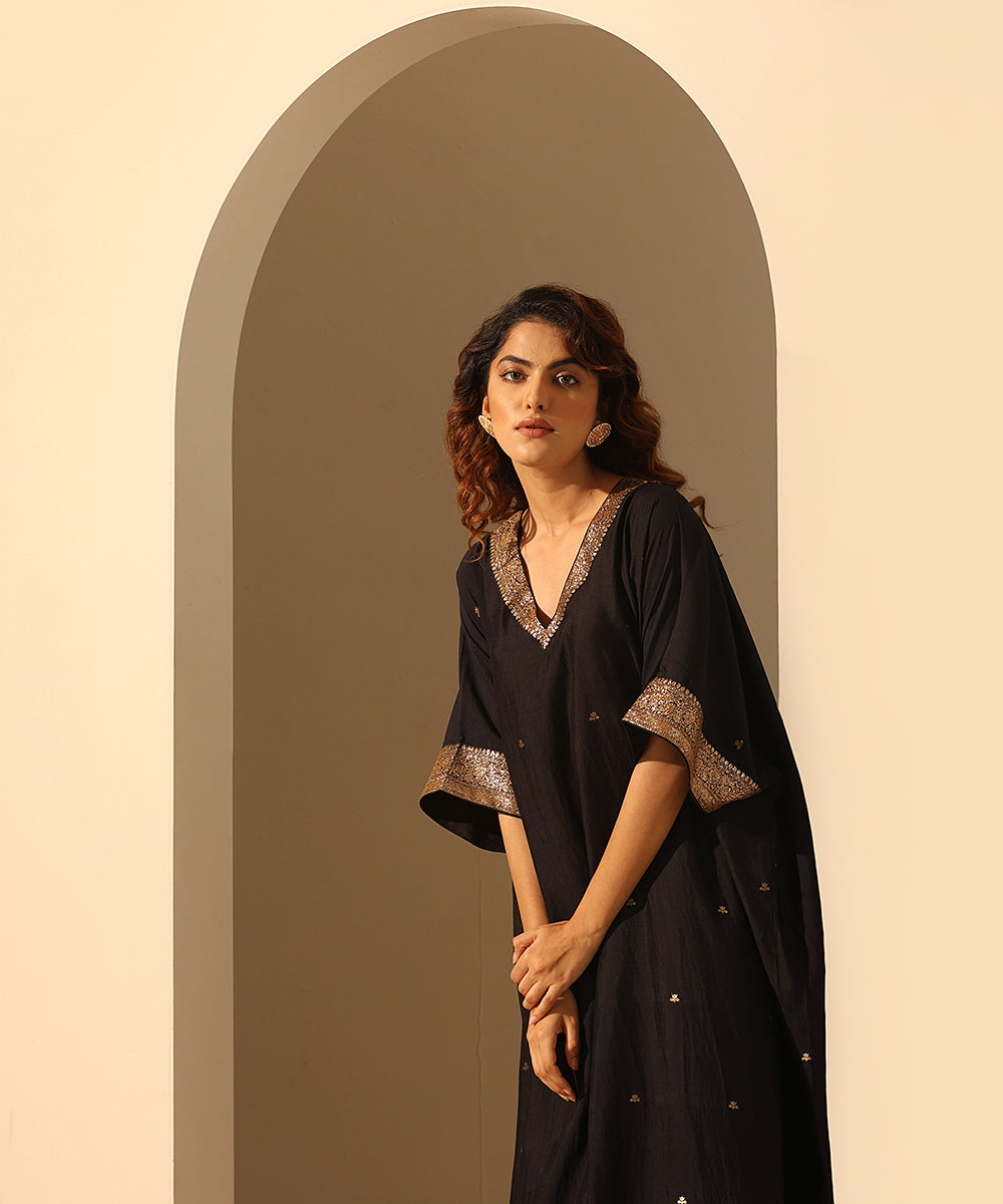 Handloom_Black_Chiniya_Silk_Kaftan_With_Plain_Glaze_Cotton_Silk_Pants_WeaverStory_01