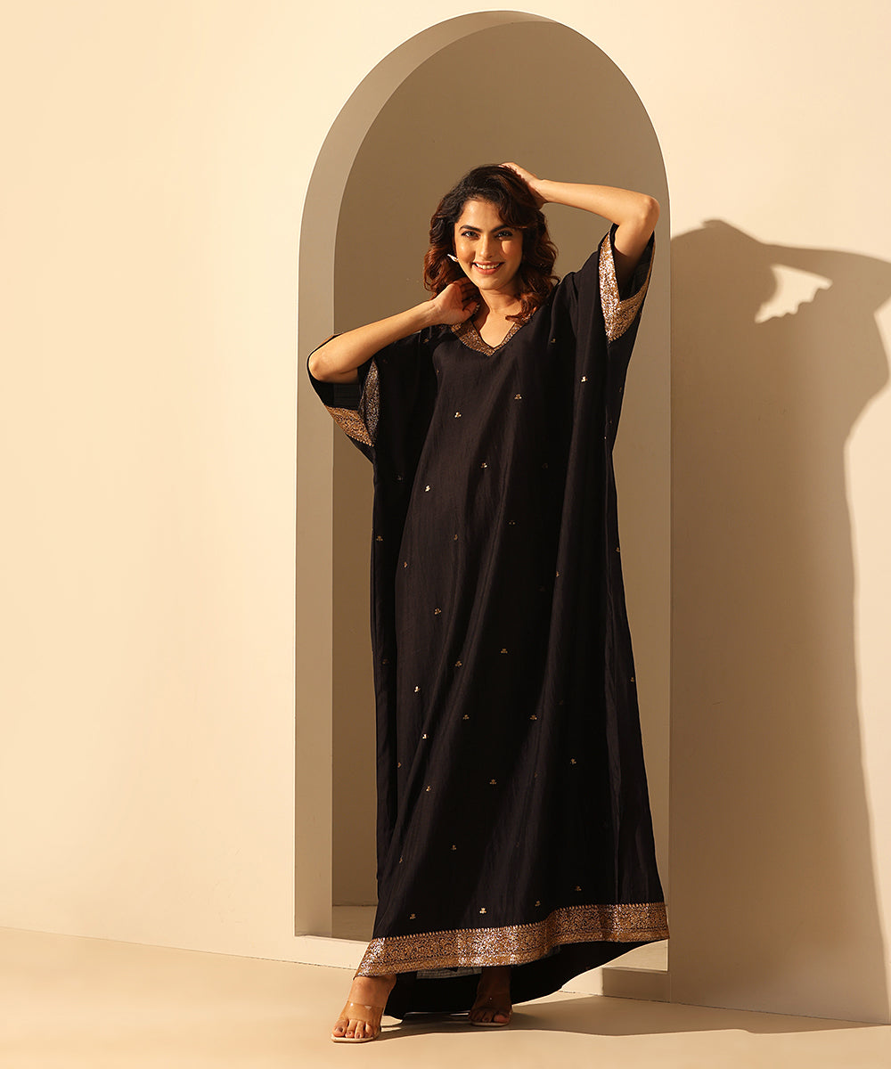 Handloom_Black_Chiniya_Silk_Kaftan_With_Plain_Glaze_Cotton_Silk_Pants_WeaverStory_03