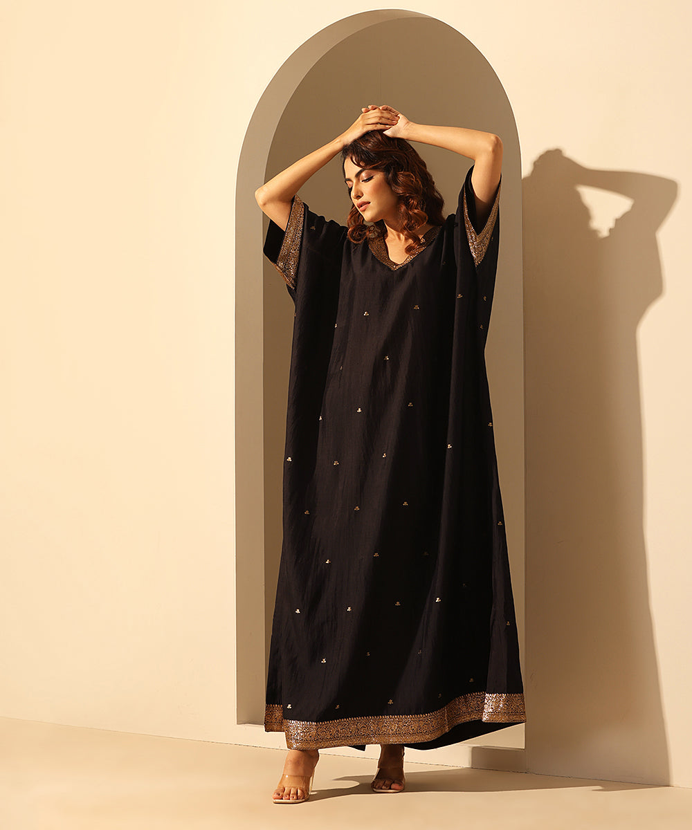 Handloom_Black_Chiniya_Silk_Kaftan_With_Plain_Glaze_Cotton_Silk_Pants_WeaverStory_04