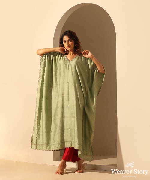 Light_Green_Handloom_Chiniya_Silk_Scallop_Kaftan_With_Plain_Glaze_Cotton_Silk_Pants_WeaverStory_03