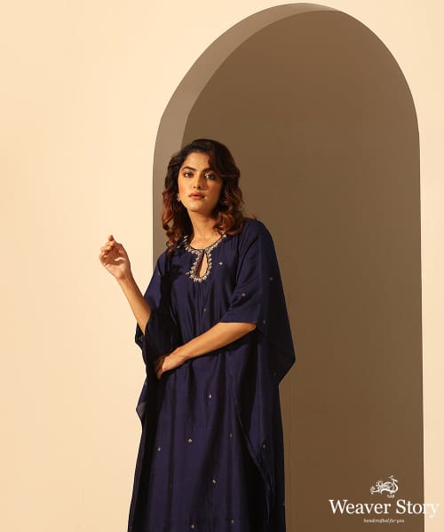 Navy_Blue_Handloom_Chiniya_Silk_Embroidered_Kaftan_With_Plain_Glaze_Cotton_Silk_Pants_WeaverStory_01