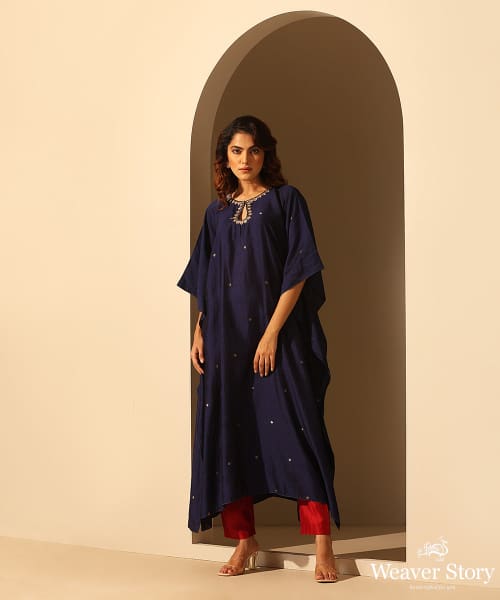 Navy_Blue_Handloom_Chiniya_Silk_Embroidered_Kaftan_With_Plain_Glaze_Cotton_Silk_Pants_WeaverStory_03