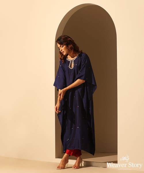 Navy_Blue_Handloom_Chiniya_Silk_Embroidered_Kaftan_With_Plain_Glaze_Cotton_Silk_Pants_WeaverStory_04