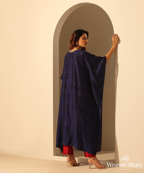 Navy_Blue_Handloom_Chiniya_Silk_Embroidered_Kaftan_With_Plain_Glaze_Cotton_Silk_Pants_WeaverStory_05