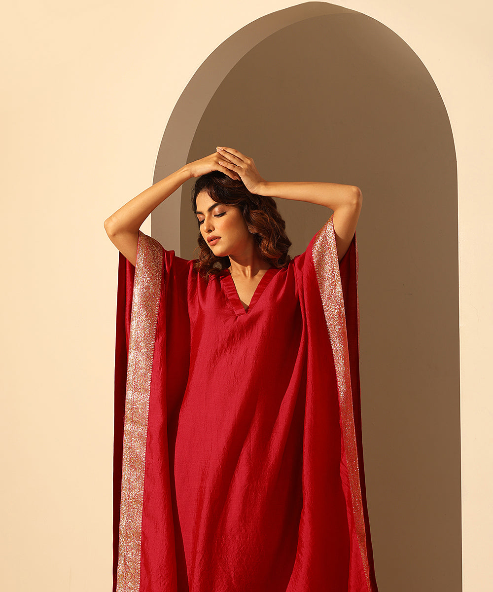 Handloom_Maroon_Chiniya_Silk_Kaftan_With_Plain_Glaze_Cotton_Silk_Pants_WeaverStory_01