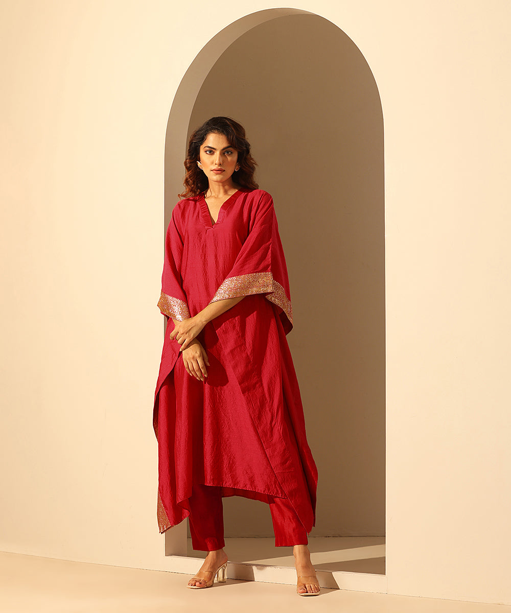 Handloom_Maroon_Chiniya_Silk_Kaftan_With_Plain_Glaze_Cotton_Silk_Pants_WeaverStory_02