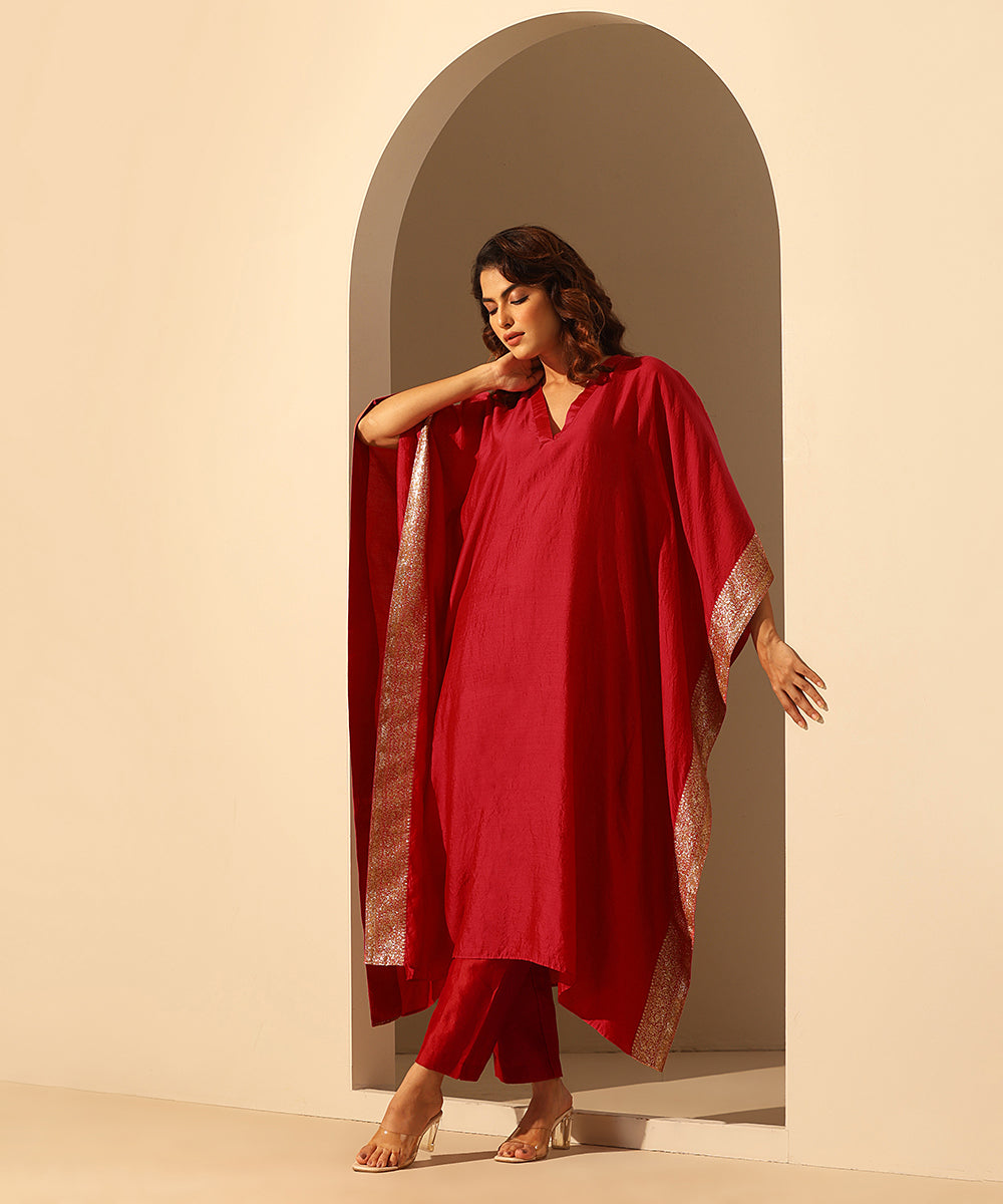 Handloom_Maroon_Chiniya_Silk_Kaftan_With_Plain_Glaze_Cotton_Silk_Pants_WeaverStory_03