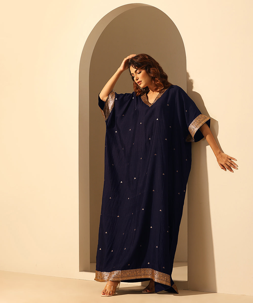 Navy_Blue_Handloom_Chiniya_Silk_Kaftan_With_Plain_Glaze_Cotton_Silk_Pants_WeaverStory_02