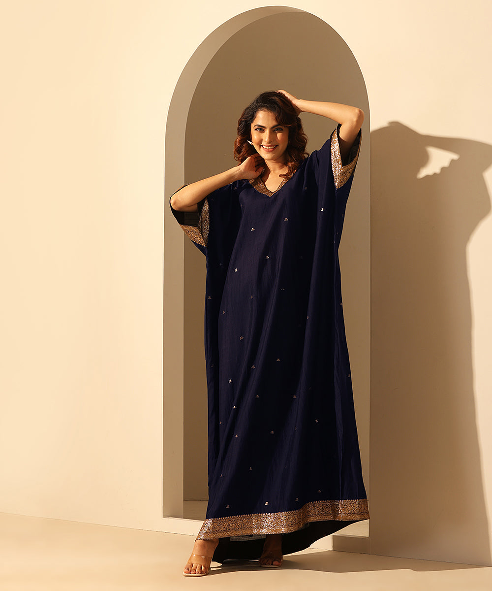 Navy_Blue_Handloom_Chiniya_Silk_Kaftan_With_Plain_Glaze_Cotton_Silk_Pants_WeaverStory_03