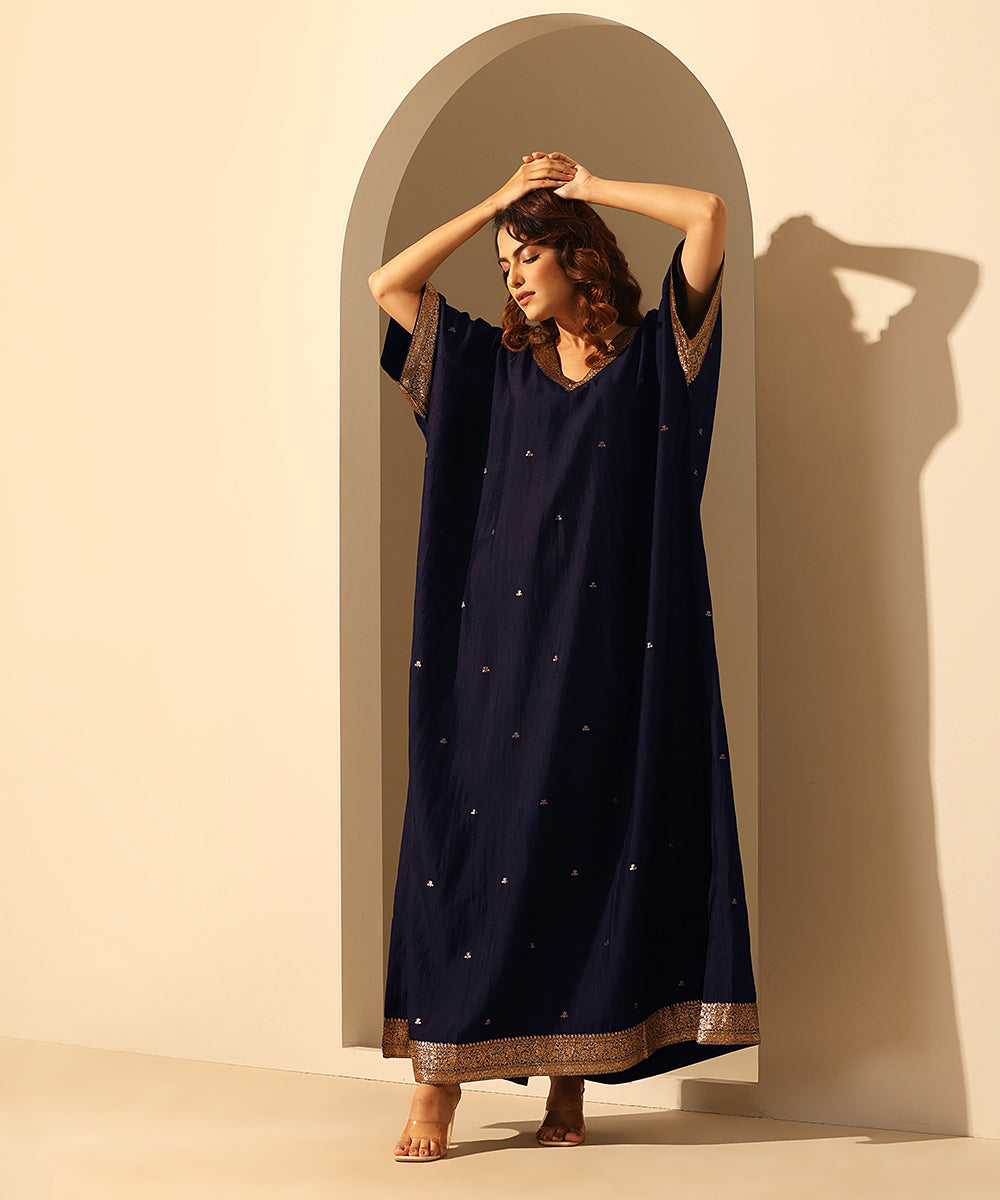 Navy_Blue_Handloom_Chiniya_Silk_Kaftan_With_Plain_Glaze_Cotton_Silk_Pants_WeaverStory_04