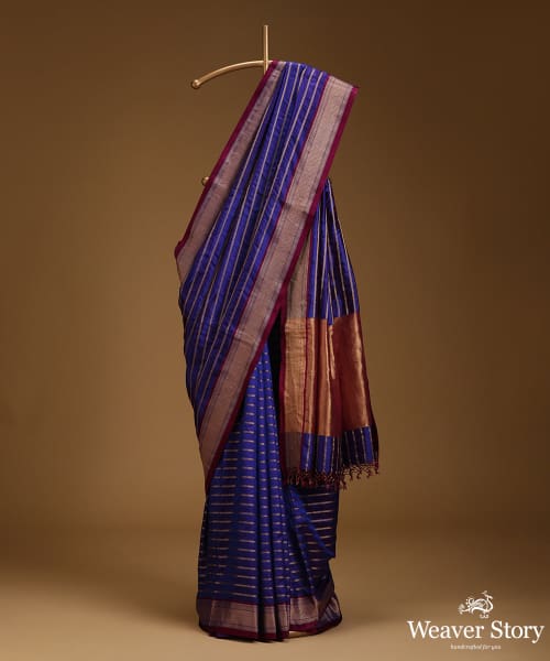 Purple_Twill_Weave_Pure_Mulberry_Silk_Saree_With_Horizontal_Zari_Lines_WeaverStory_01