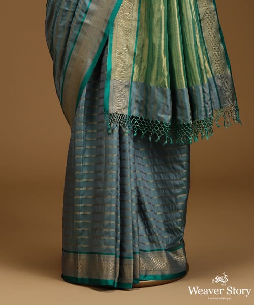 Pigeon_Blue_And_Green_Twill_Weave_Pure_Mulberry_Silk_Saree_With_Horizontal_Zari_Lines_WeaverStory_03