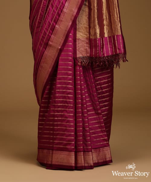 Dark_Majenta_Twill_Weave_Pure_Mulberry_Silk_Saree_With_Horizontal_Zari_Lines_WeaverStory_03