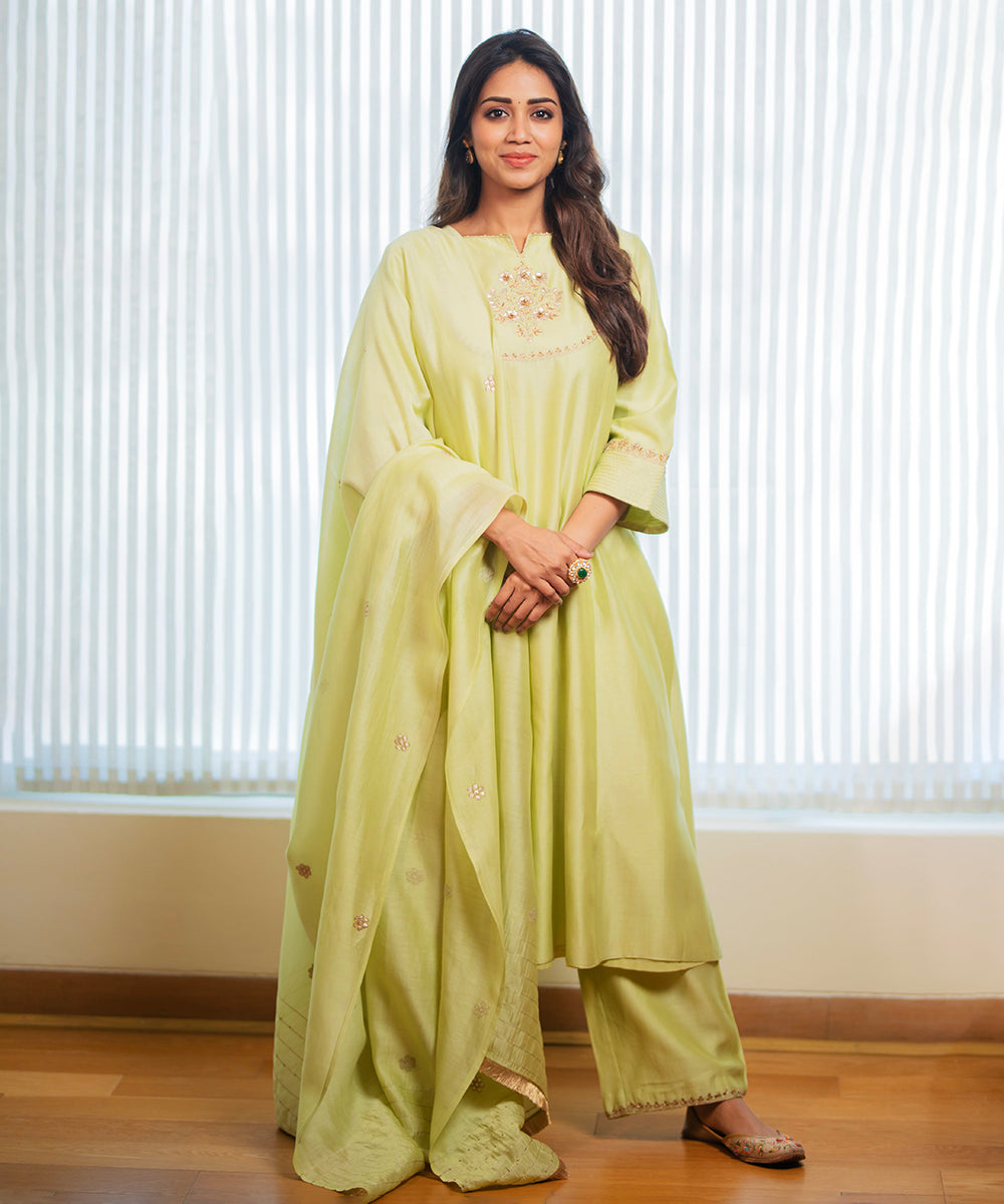 Nivetha Pethuraj In Handloom Lime Green Chanderi Silk Gota Patti Suit Set Ready To Wear Ensembles