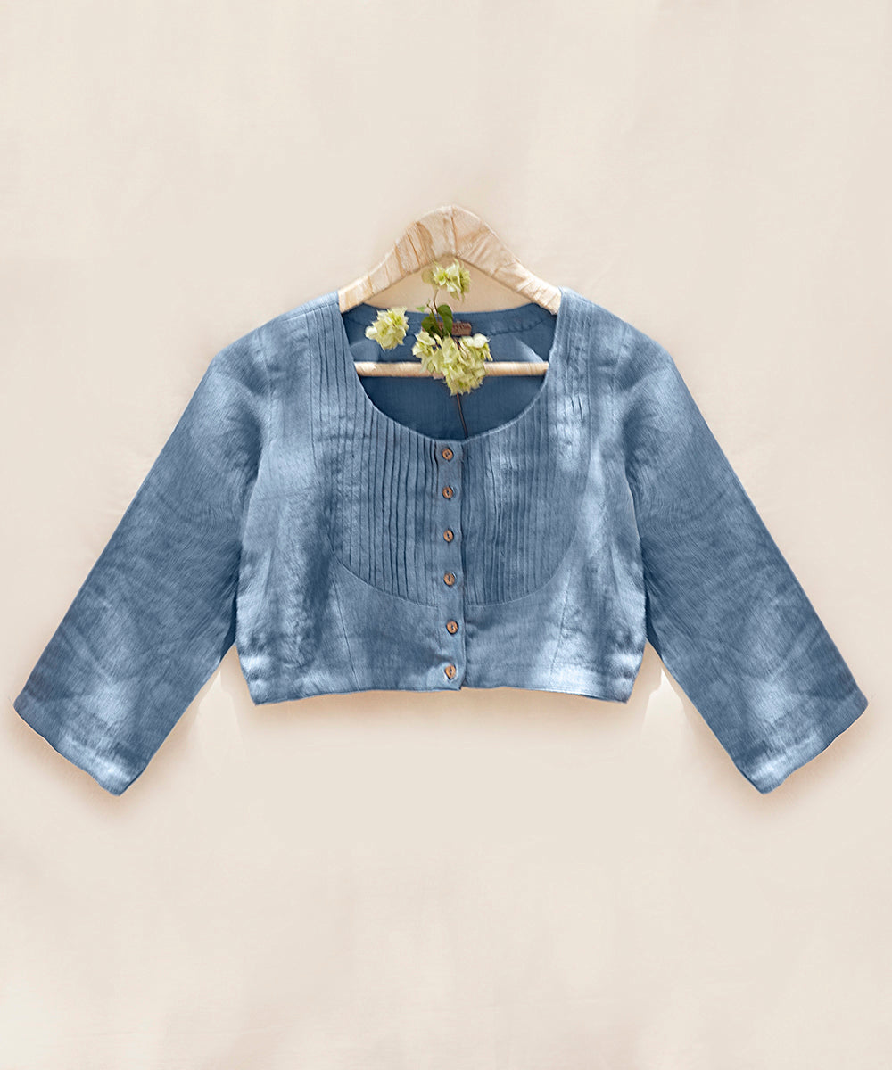 Handloom_Blue_Pure_Linen_Stitched_Blouse_With_Pearl_Detailing_WeaverStory_01