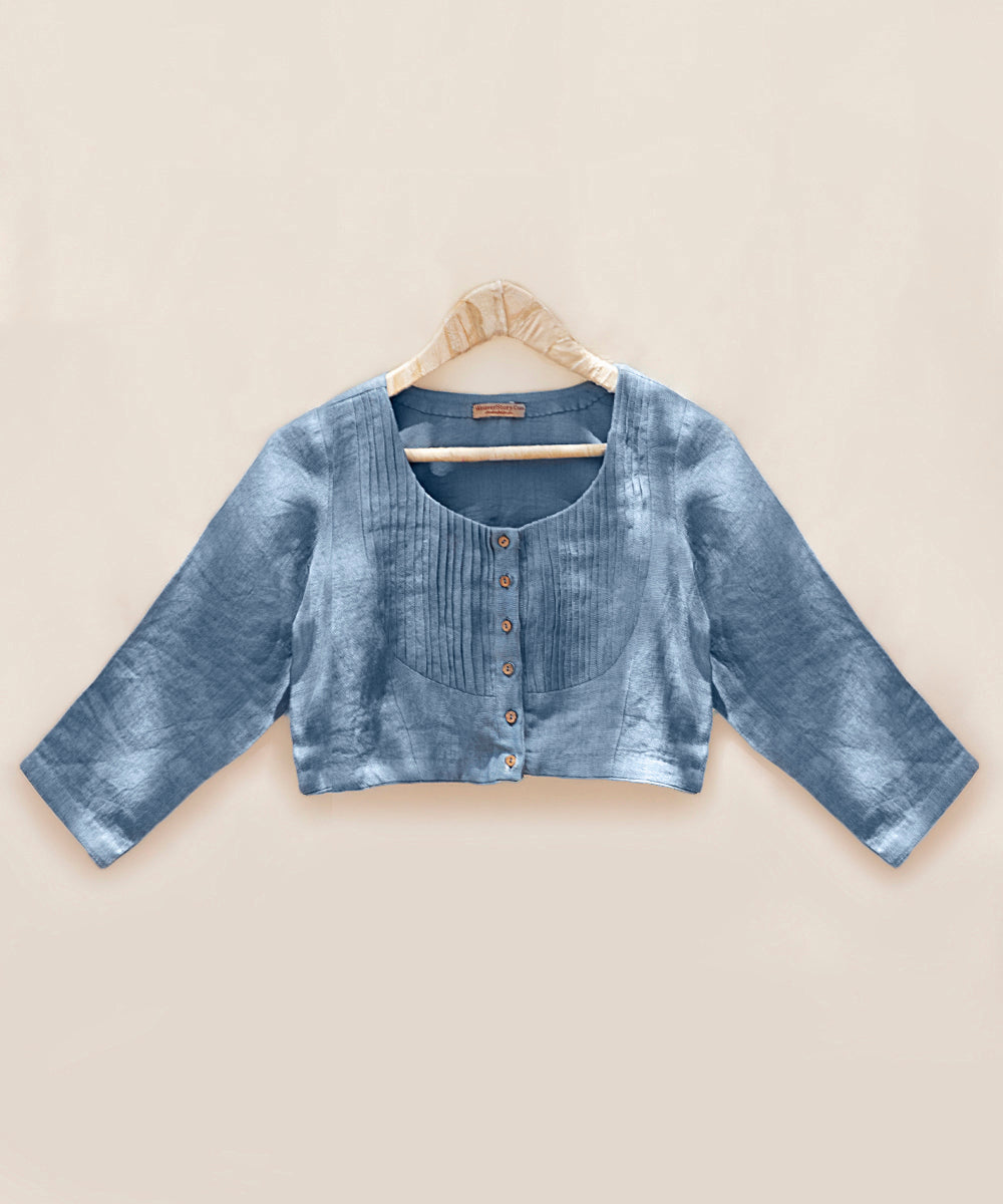 Handloom_Blue_Pure_Linen_Stitched_Blouse_With_Pearl_Detailing_WeaverStory_02