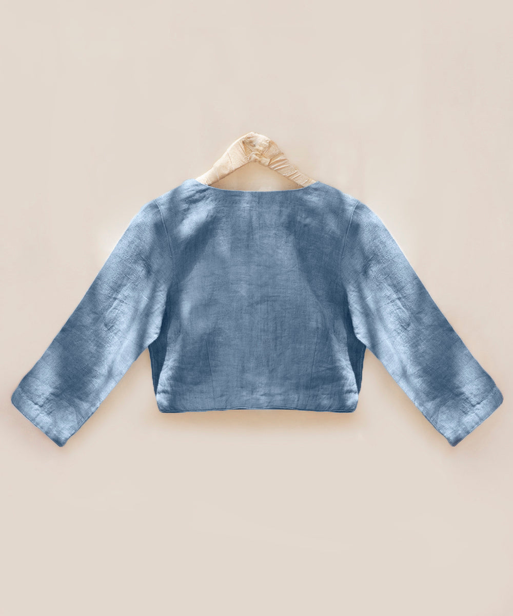 Handloom_Blue_Pure_Linen_Stitched_Blouse_With_Pearl_Detailing_WeaverStory_03