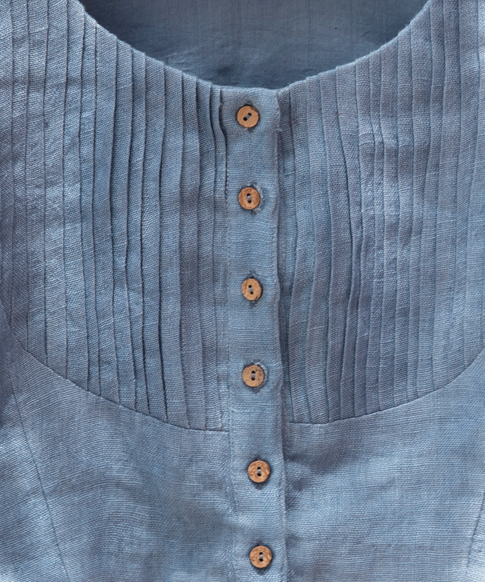 Handloom_Blue_Pure_Linen_Stitched_Blouse_With_Pearl_Detailing_WeaverStory_04