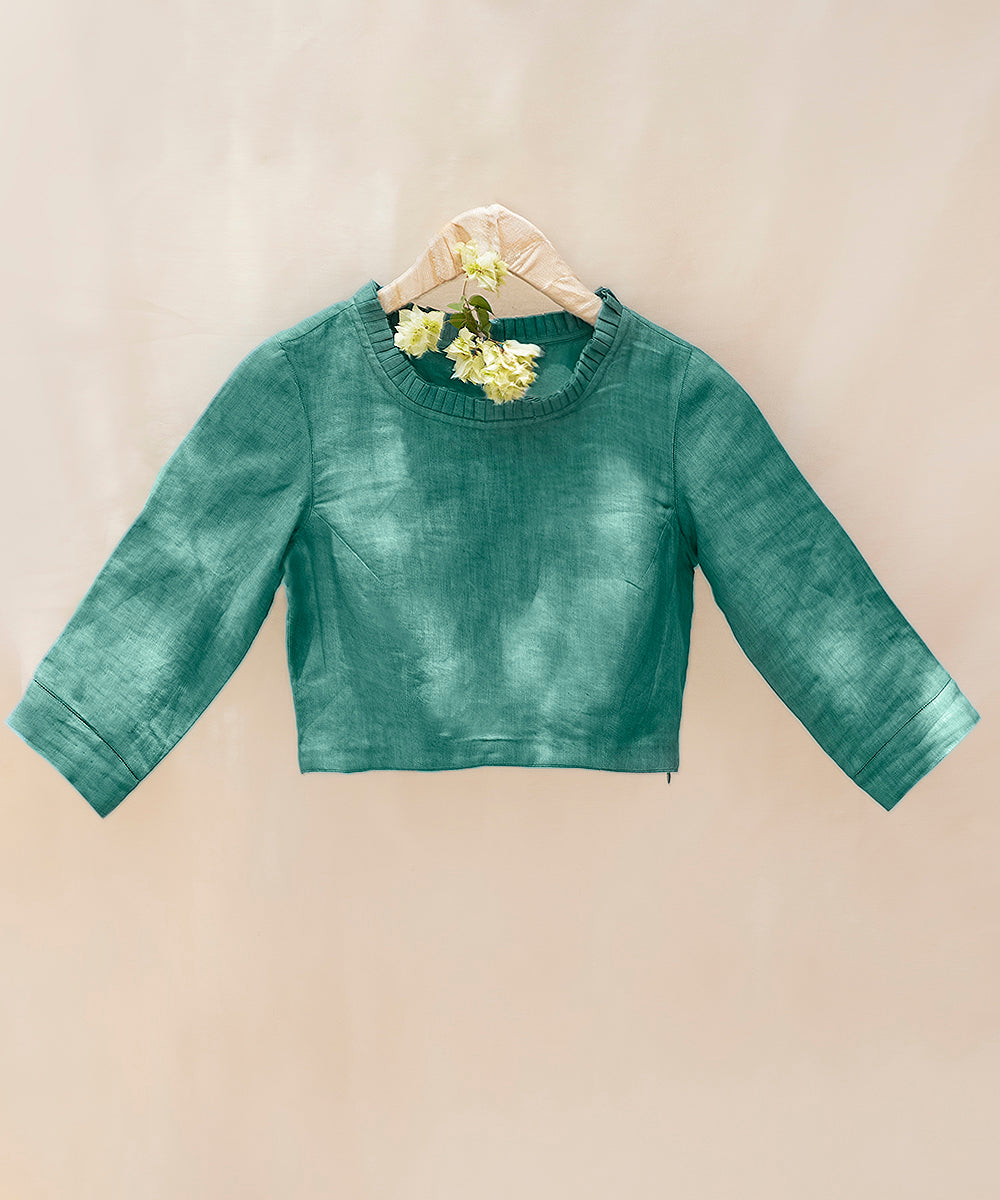 Aqua_Blue_Handloom_Pure_Linen_Blouse_With_Ruffled_Neck_Detailing_WeaverStory_01