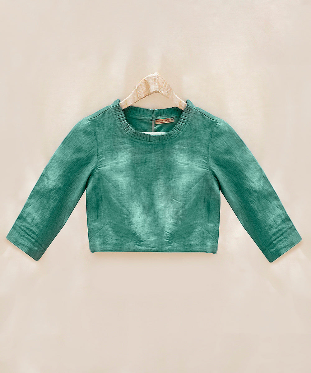 Aqua_Blue_Handloom_Pure_Linen_Blouse_With_Ruffled_Neck_Detailing_WeaverStory_02