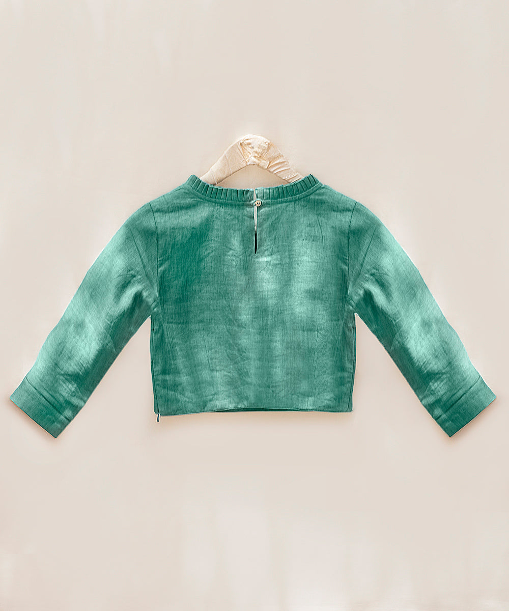 Aqua_Blue_Handloom_Pure_Linen_Blouse_With_Ruffled_Neck_Detailing_WeaverStory_03