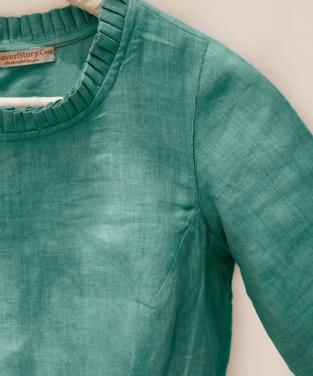 Aqua_Blue_Handloom_Pure_Linen_Blouse_With_Ruffled_Neck_Detailing_WeaverStory_04