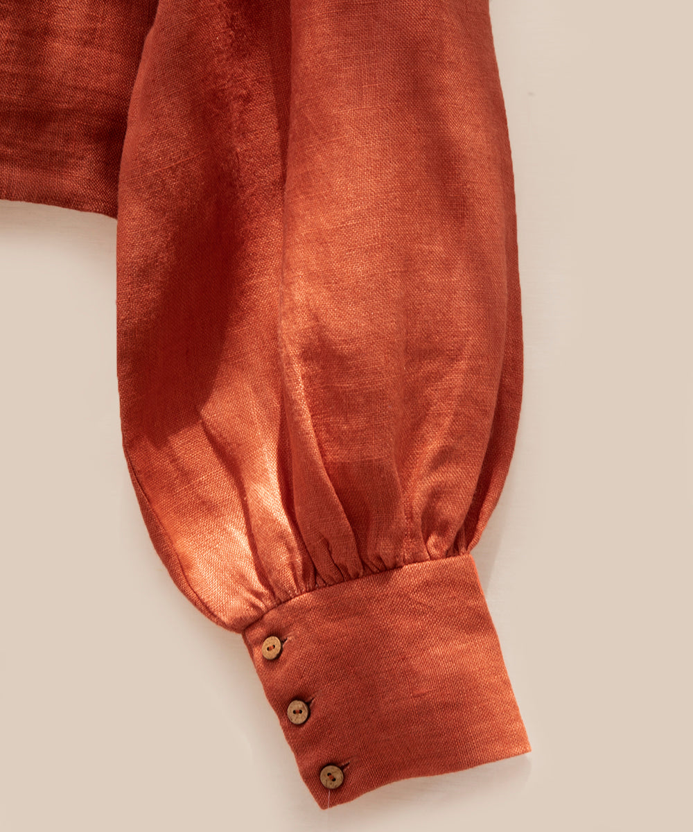 Handloom_Rust_Pure_Linen_Stitched_Blouse_With_Bishop_Sleeves_WeaverStory_04