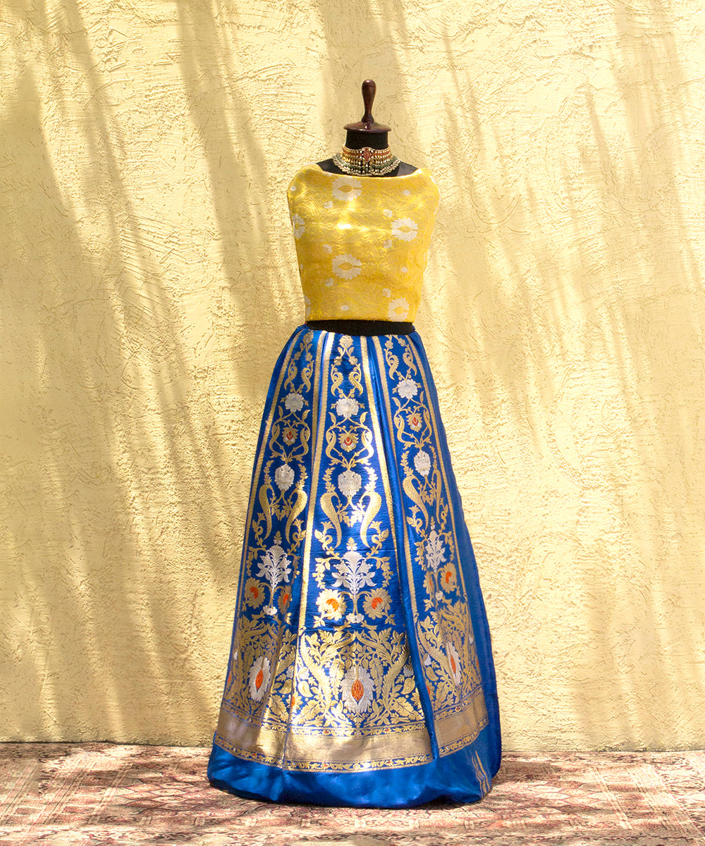 Royal_Blue_Handloom_Kadhwa_Banarasi_Lehenga_with_Meenakari_and_Yellow_Blouse_WeaverStory_03