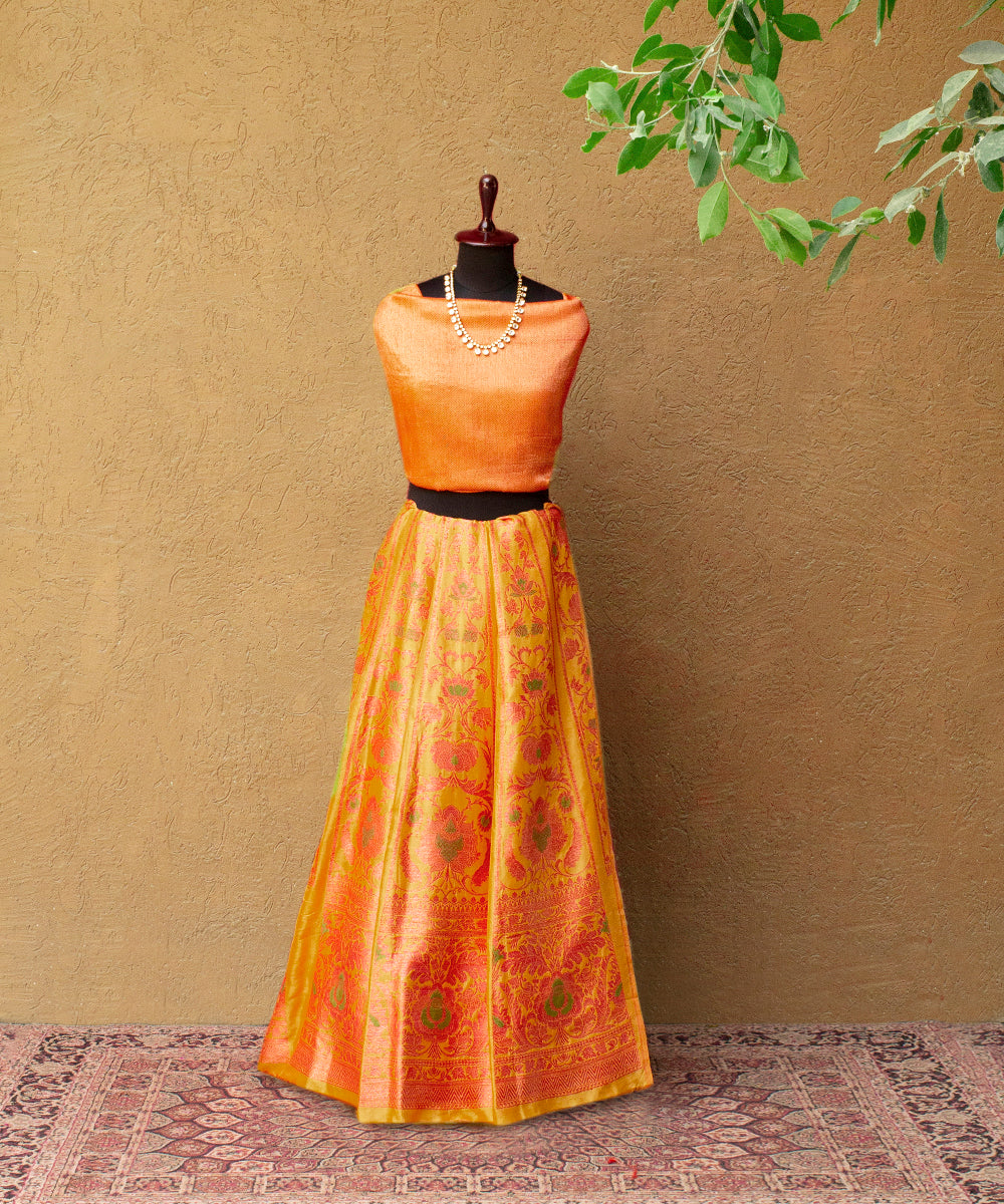 Handloom_Mustard_and_Red_copper_zari_banarasi_Lehenga_with_Meenakari_WeaverStory_03
