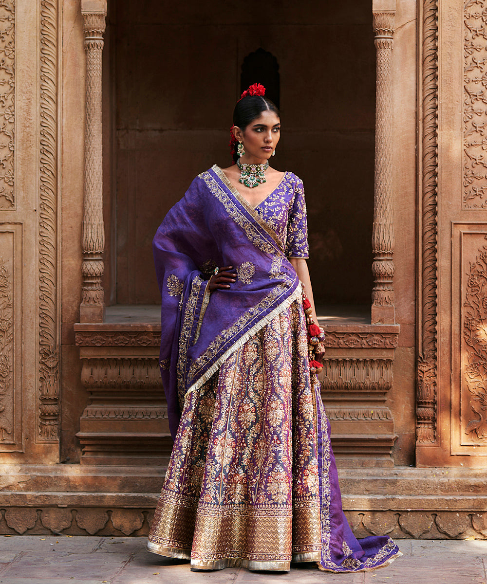 Blue_Dual_Shade_Hand_Embroidered_Zardozi_Banarasi_Lehenga_With_Blouse_And_Organza_Dupatta_WeaverStory_01