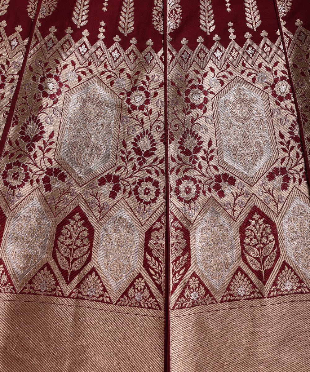 Wine_Handloom_Pure_Katan_Pure_Silk_Banarasi_Lehenga_With_Meenadar_Stripes_WeaverStory_03