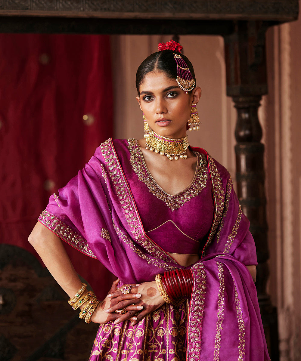 Mulled_Wine_Hand_Embroidered_Zardozi_Banarasi_Kalidar_Lehenga_With_Blouse_And_Dupatta_WeaverStory_03
