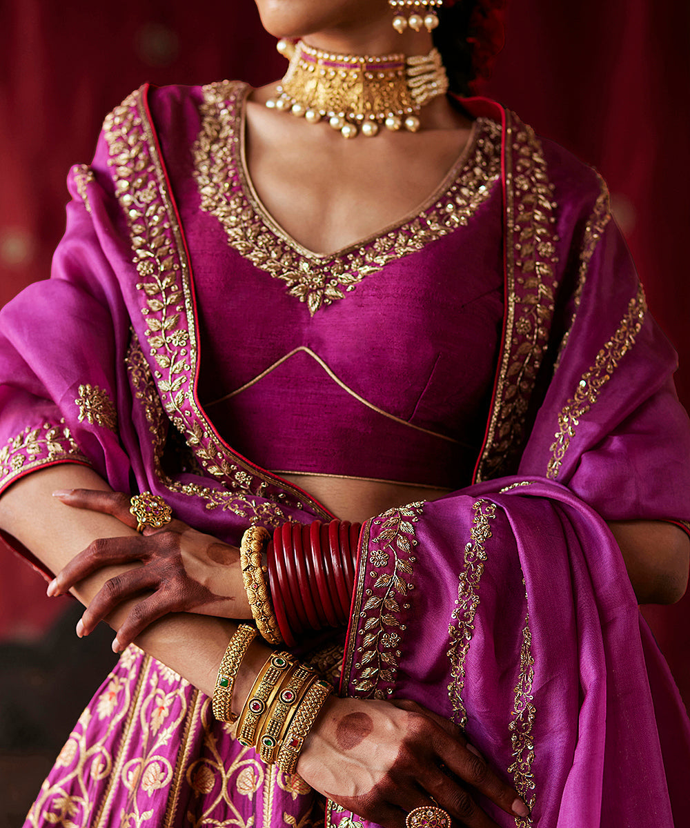 Mulled_Wine_Hand_Embroidered_Zardozi_Banarasi_Kalidar_Lehenga_With_Blouse_And_Dupatta_WeaverStory_05