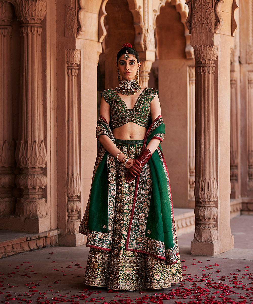 Deep_Green_Hand_Embroidered_Zardozi_Banarasi_Kalidar_Lehenga_With_Blouse_And_Dupatta_WeaverStory_01