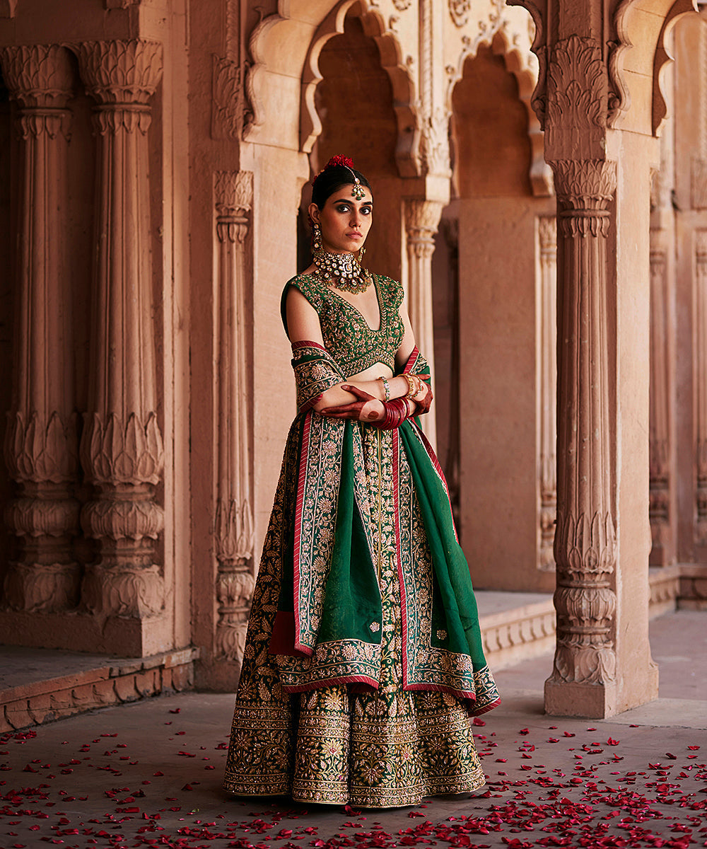 Deep_Green_Hand_Embroidered_Zardozi_Banarasi_Kalidar_Lehenga_With_Blouse_And_Dupatta_WeaverStory_02