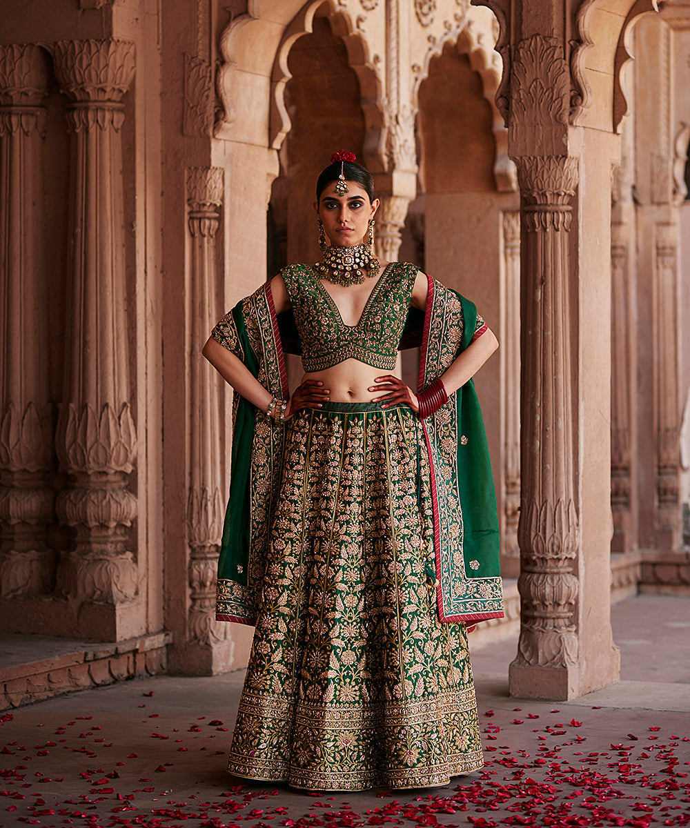Deep_Green_Hand_Embroidered_Zardozi_Banarasi_Kalidar_Lehenga_With_Blouse_And_Dupatta_WeaverStory_03