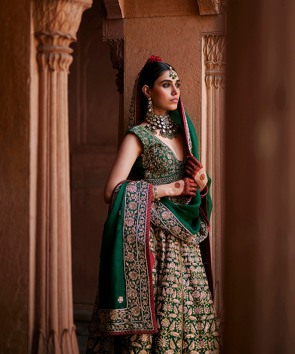 Deep_Green_Hand_Embroidered_Zardozi_Banarasi_Kalidar_Lehenga_With_Blouse_And_Dupatta_WeaverStory_04