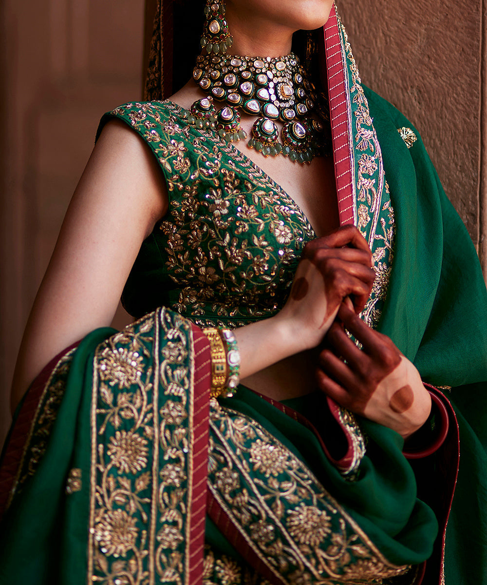 Deep_Green_Hand_Embroidered_Zardozi_Banarasi_Kalidar_Lehenga_With_Blouse_And_Dupatta_WeaverStory_06