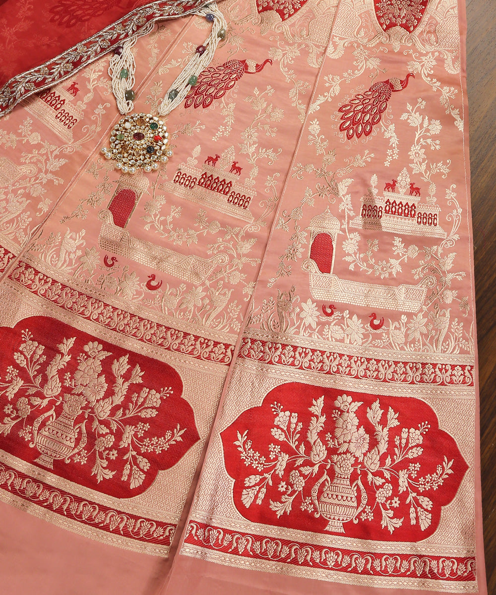 Handloom_Dust_Peach_Satin_Silk_Banarasi_Lehenga_With_Gold_Zari_Jaal_Work_And_Meenakari_WeaverStory_01