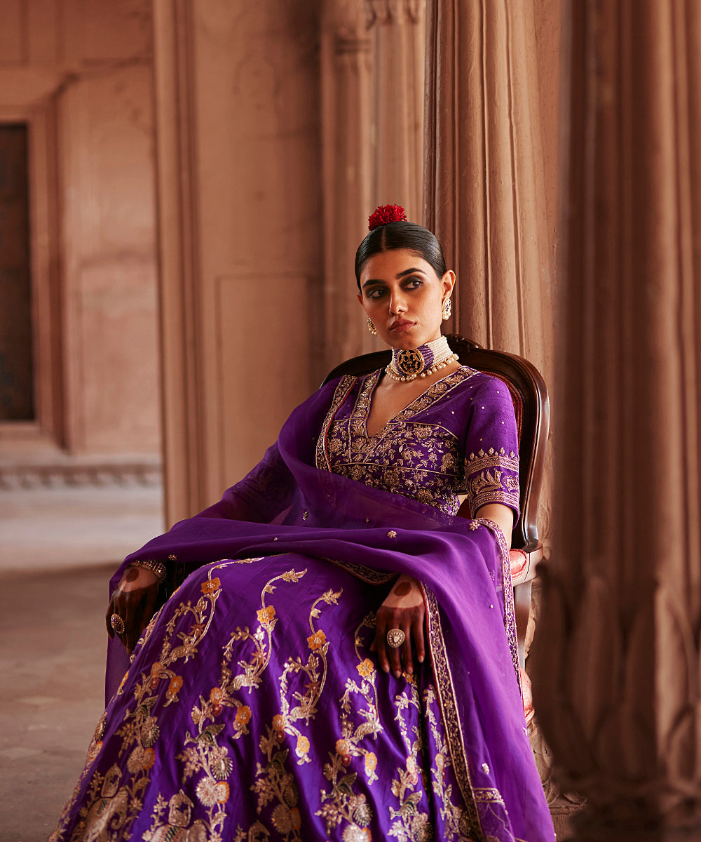 Deep_Purple_Hand_Embroidered_Zardozi_Banarasi_Kalidar_Lehenga_With_Choli_Cut_Blouse_And_Dupatta_WeaverStory_02