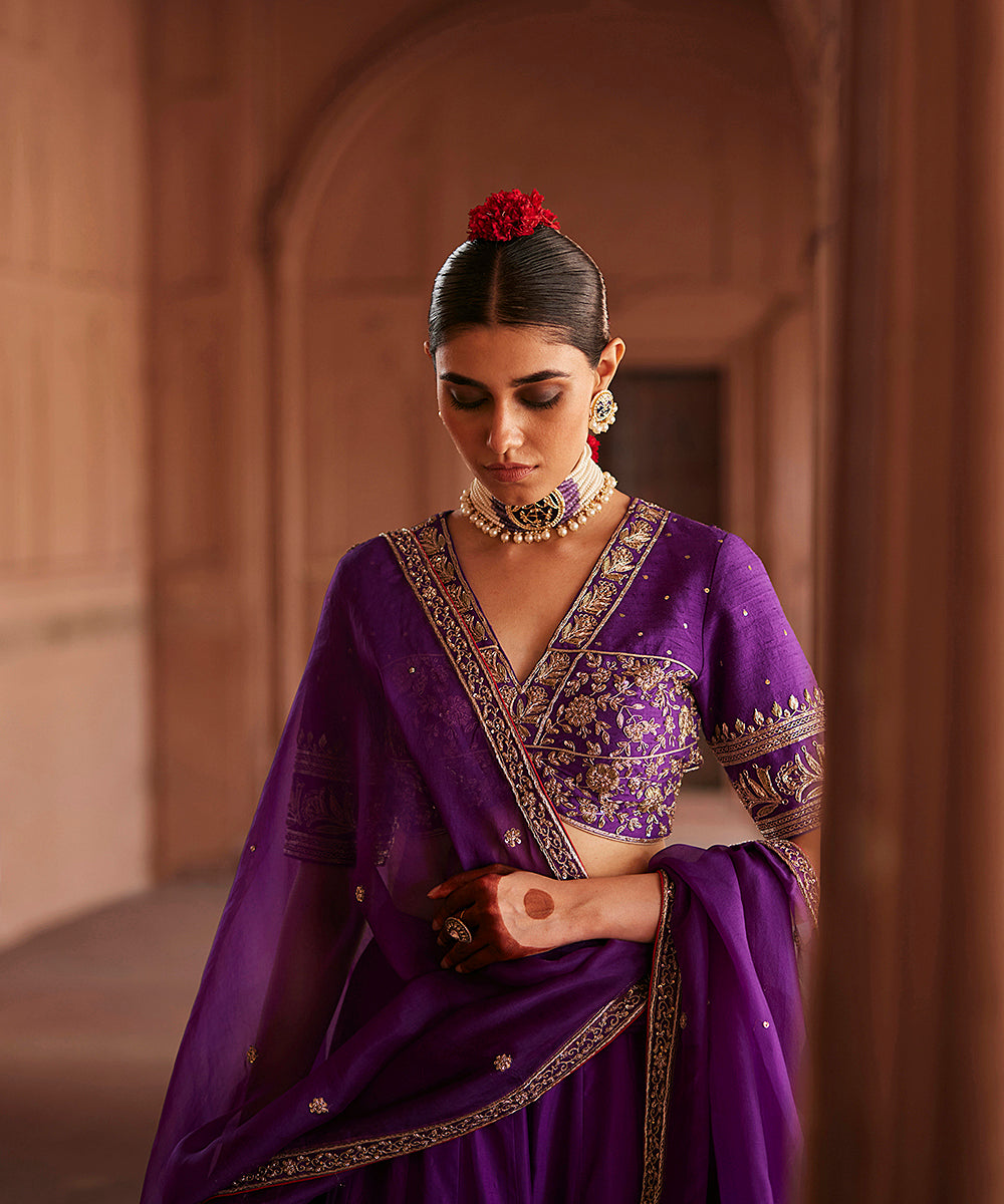 Deep_Purple_Hand_Embroidered_Zardozi_Banarasi_Kalidar_Lehenga_With_Choli_Cut_Blouse_And_Dupatta_WeaverStory_03