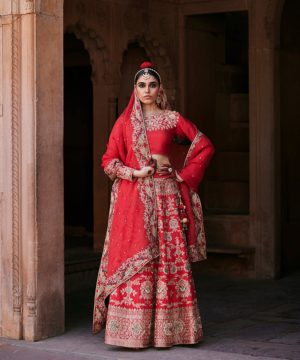 Red_Hand_Embroidered_Brocade_Banarasi_Lehenga_With_Blouse_Annd_Pure_Handloom_Organza_Dupatta_WeaverStory_01