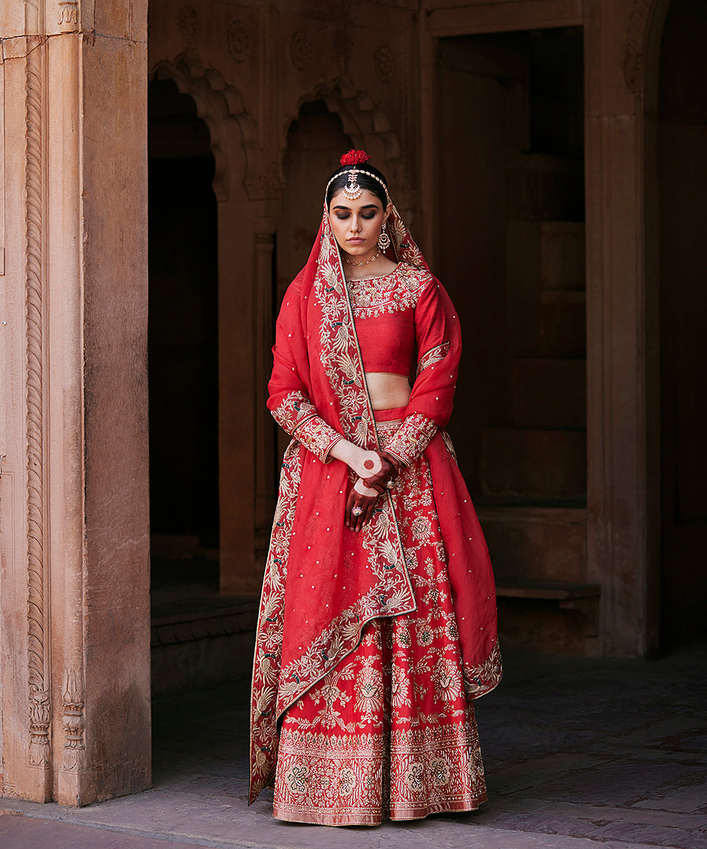 Red_Hand_Embroidered_Brocade_Banarasi_Lehenga_With_Blouse_Annd_Pure_Handloom_Organza_Dupatta_WeaverStory_02