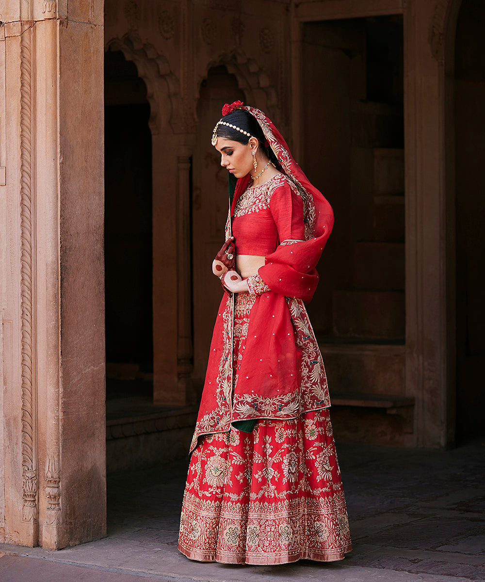 Red_Hand_Embroidered_Brocade_Banarasi_Lehenga_With_Blouse_Annd_Pure_Handloom_Organza_Dupatta_WeaverStory_03