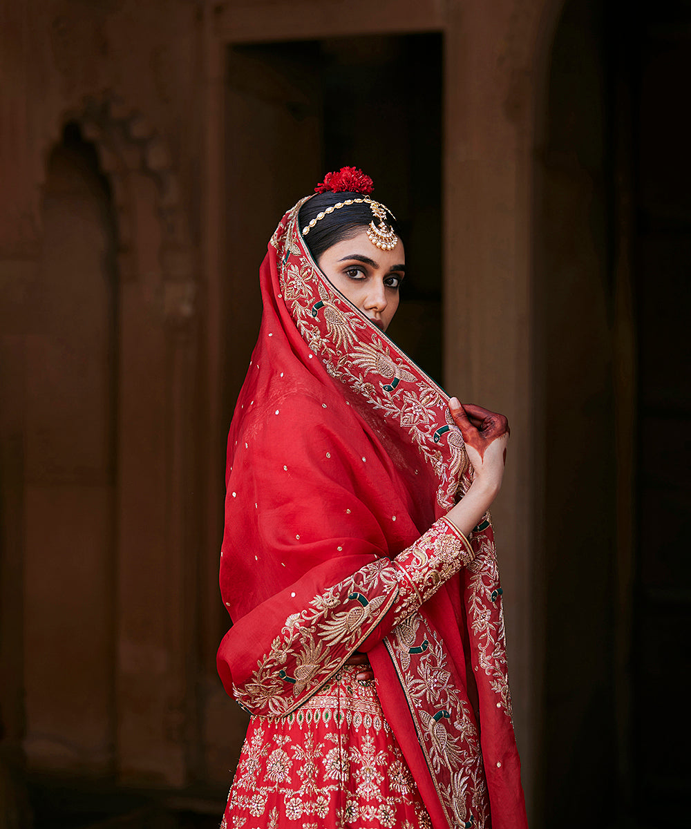 Red_Hand_Embroidered_Brocade_Banarasi_Lehenga_With_Blouse_Annd_Pure_Handloom_Organza_Dupatta_WeaverStory_04