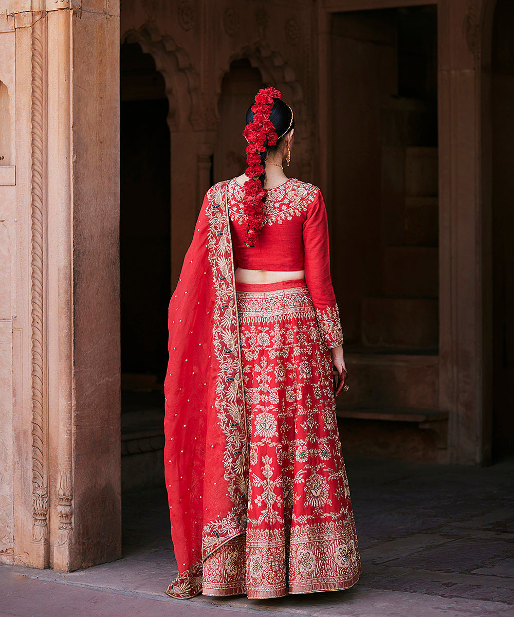 Red_Hand_Embroidered_Brocade_Banarasi_Lehenga_With_Blouse_Annd_Pure_Handloom_Organza_Dupatta_WeaverStory_05