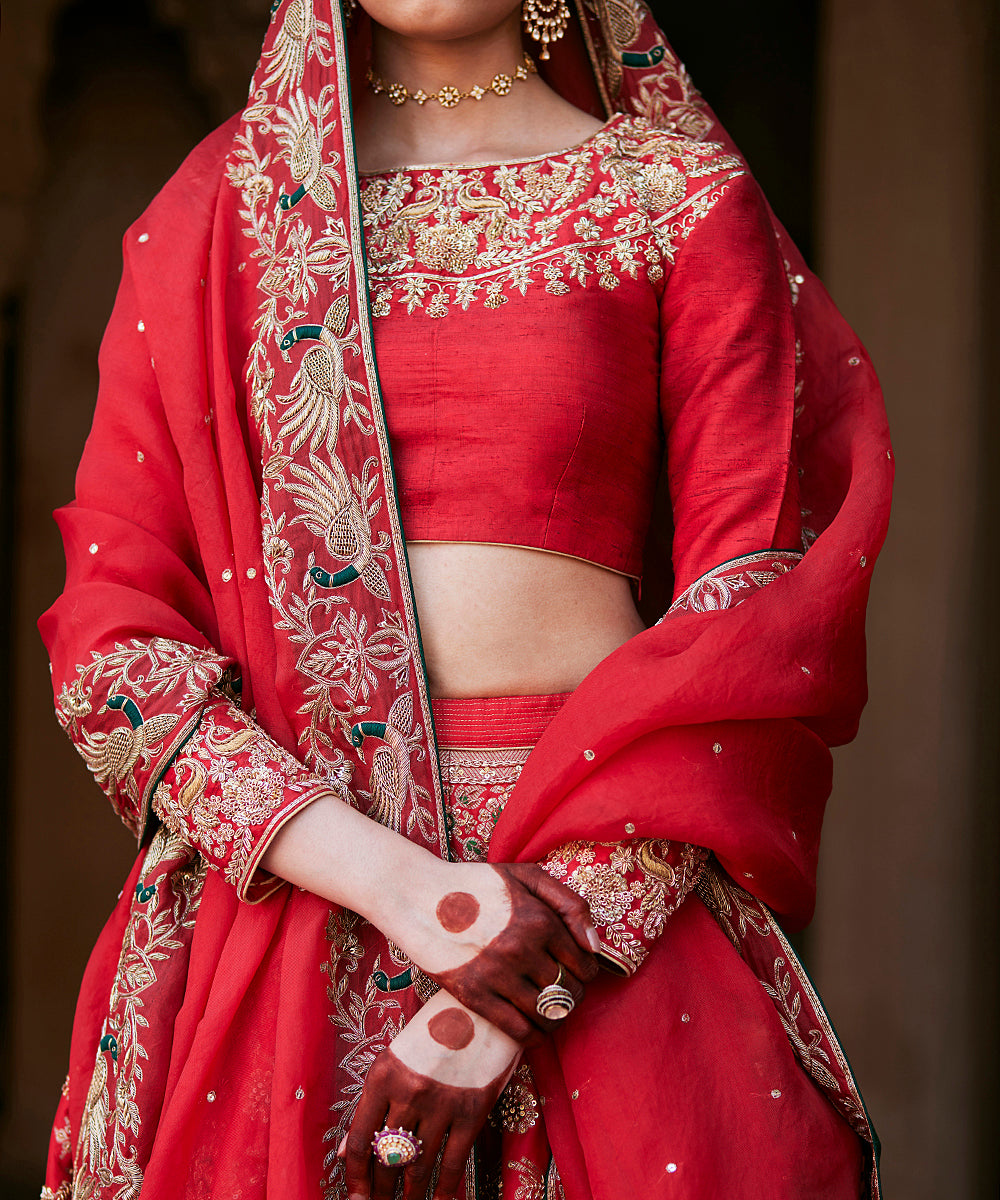 Red_Hand_Embroidered_Brocade_Banarasi_Lehenga_With_Blouse_Annd_Pure_Handloom_Organza_Dupatta_WeaverStory_06