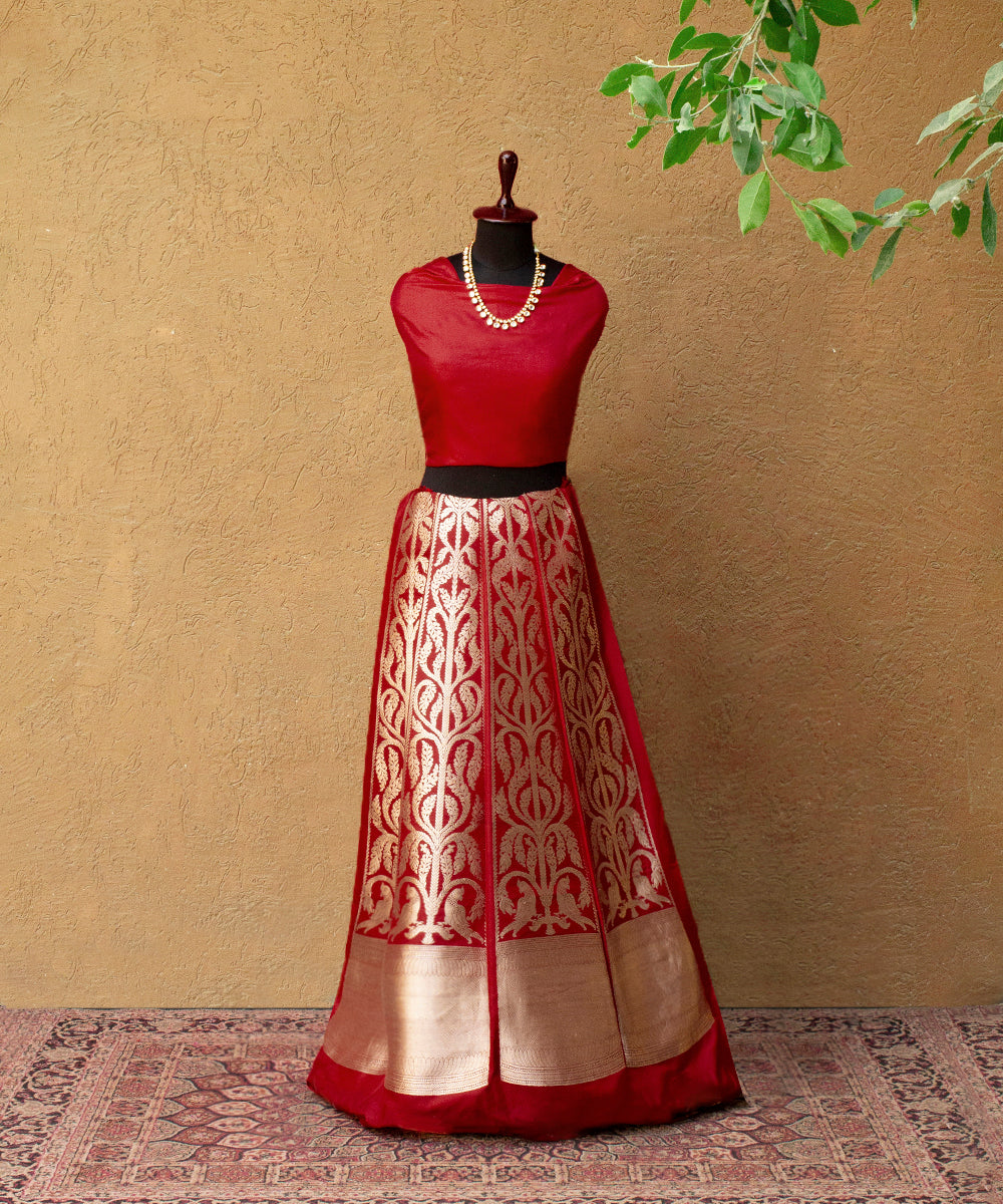 Red_Handloomed_Kadhwa_Banarasi_Silk_Lehenga_with_Parrots_WeaverStory_03