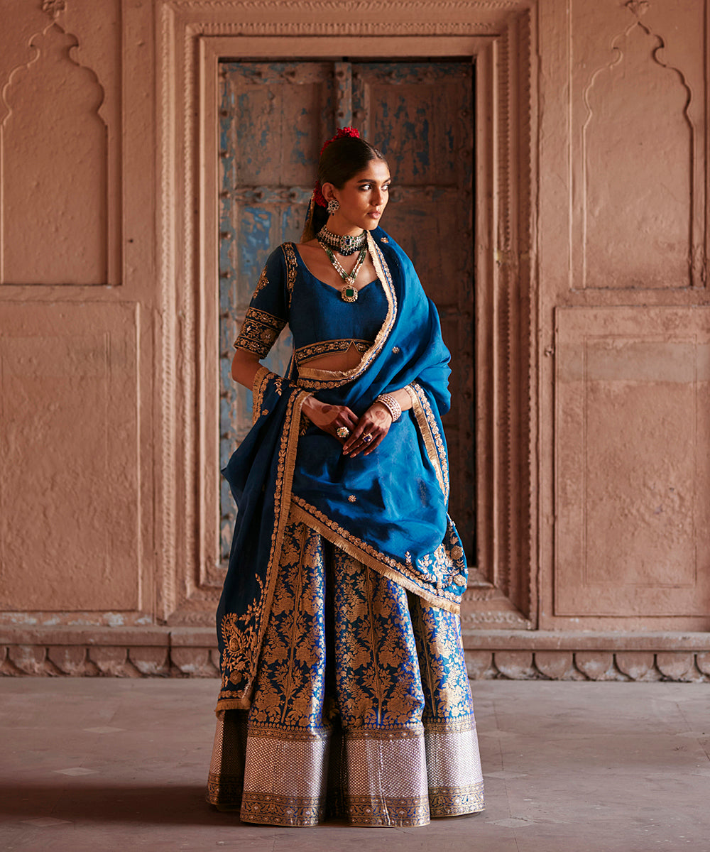 Blue_Handloom_Brocade_Banarasi_Lehenga_With_Hand_Embroidered_Blouse_And_Organza_Dupatta_WeaverStory_01